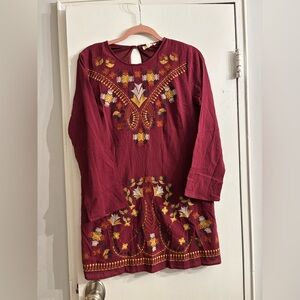 Entro Anthropologie Embroidered Maroon/ Red long sleeve boho tunic top dress